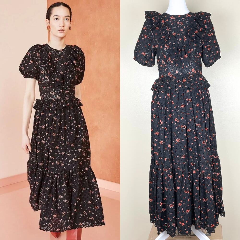 Ulla Johnson Bettine Dress Womens 2 Black Red Floral Broderie Anglaise Midi